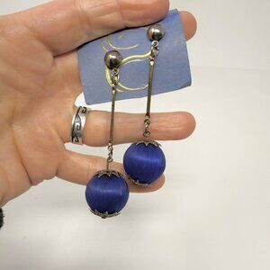 Chic Vintage Style Cobalt Blue Silk Ball Drop Dangle Earrings Bar Post Filigree